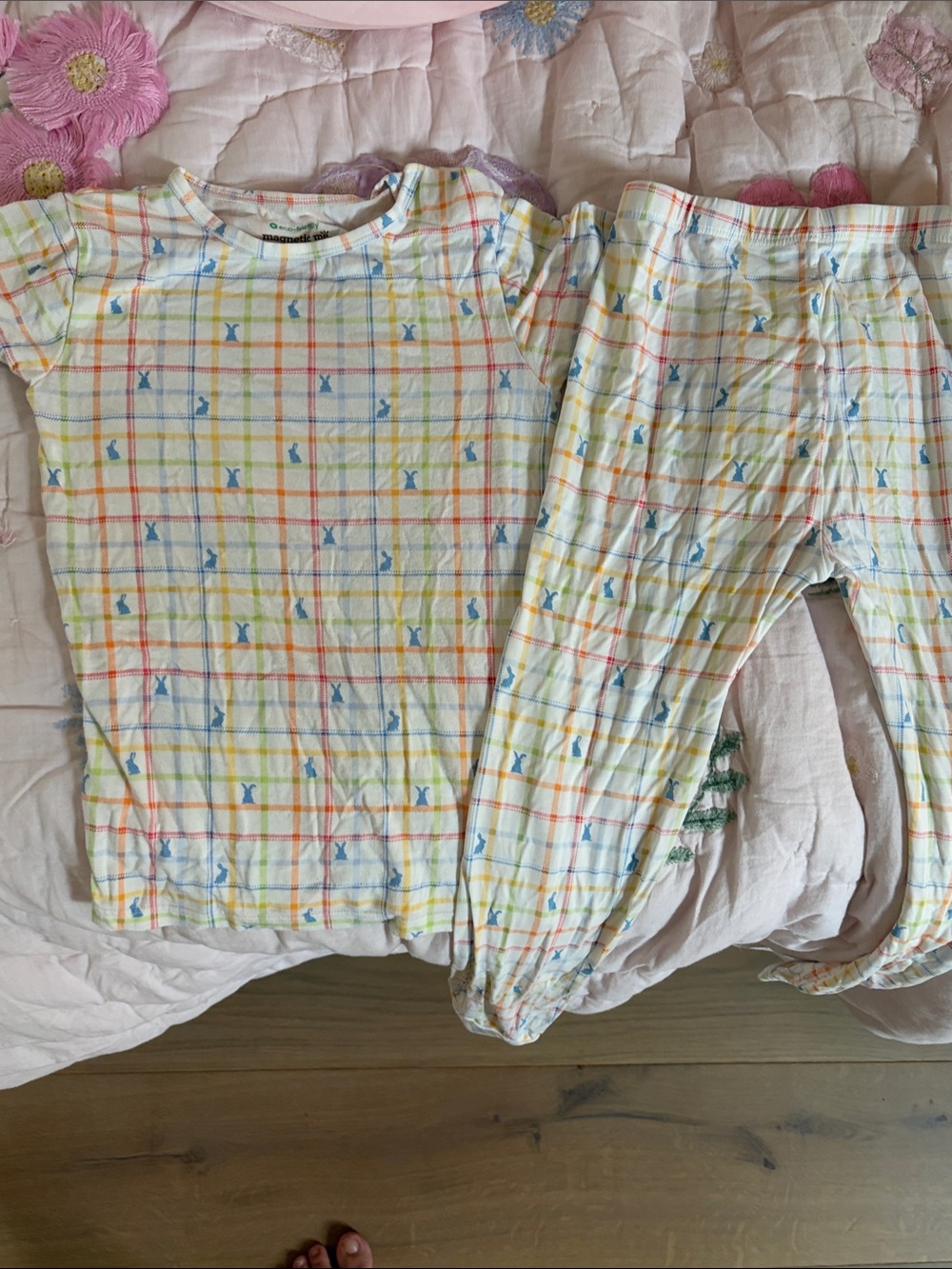 Magnetic Me White Plaid Tee with Blue Bunny Print 4T